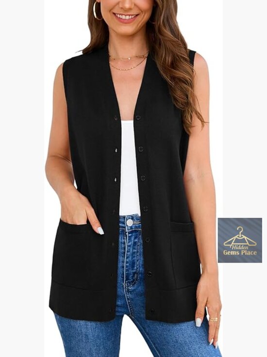 Sweaters - Sleeveless Button Down Cardigan Sweater Vest with Pockets Soft Knit